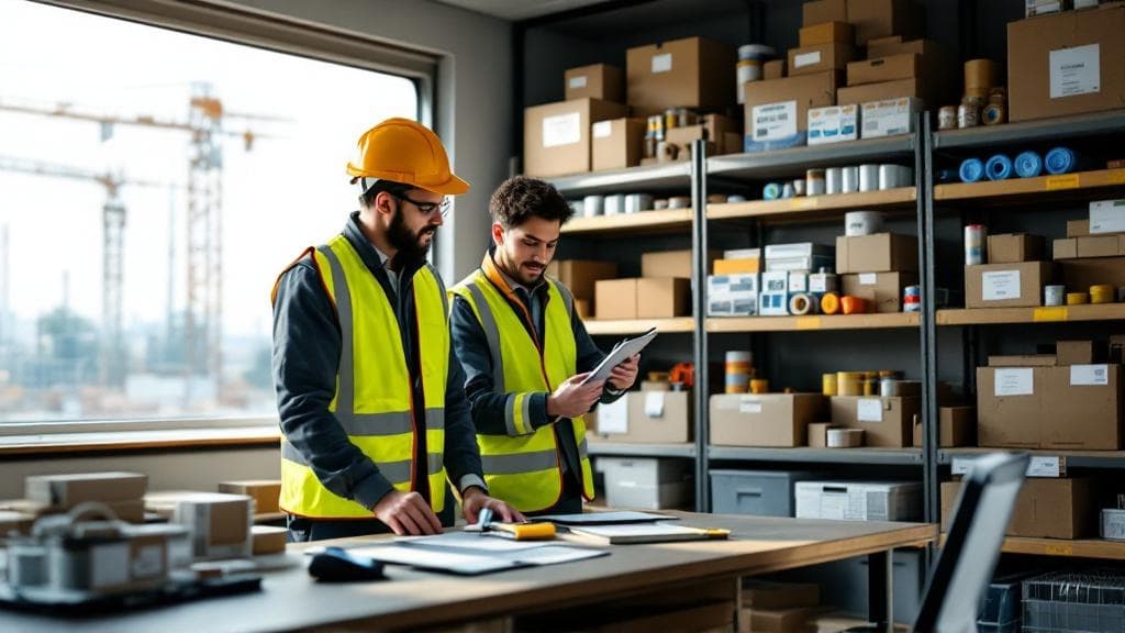Construction professionals reviewing organized safety supplies