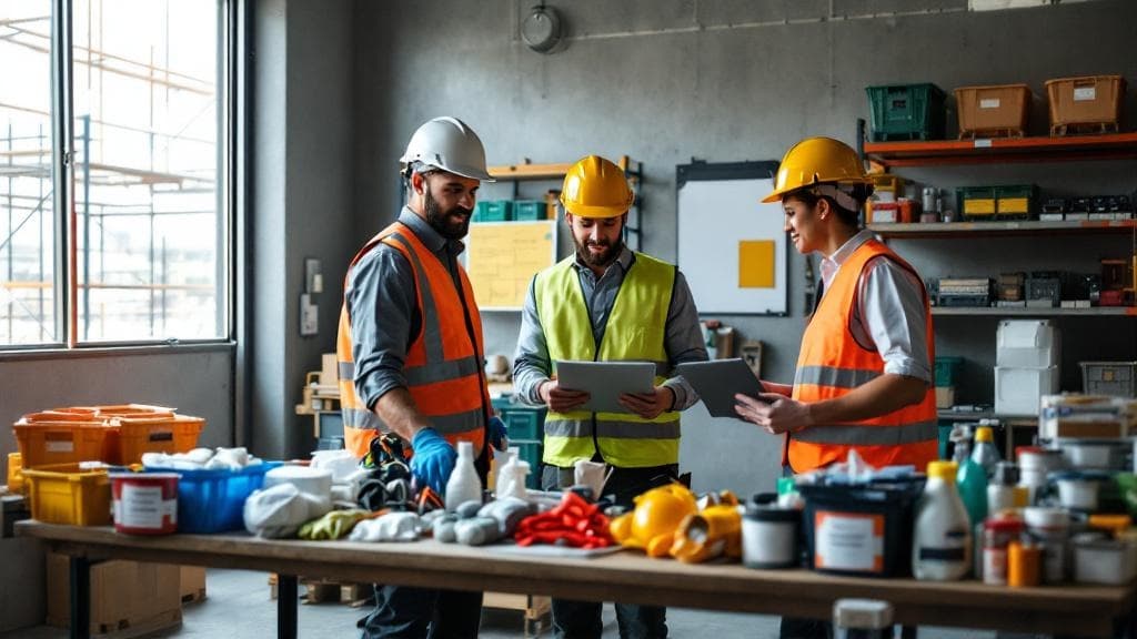 Construction team reviewing organized safety supplies